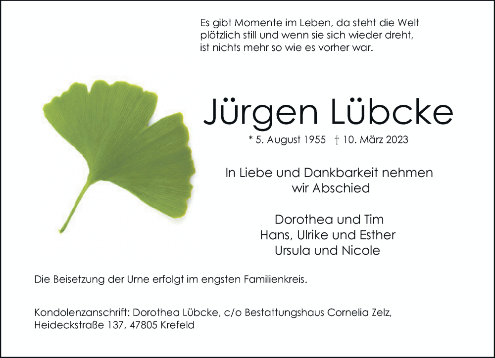  Traueranzeige für Jürgen Lübcke vom 18.03.2023 aus Rheinische Post