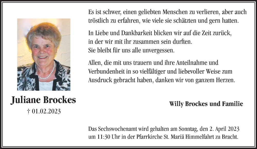  Traueranzeige für Juliane Brockes vom 25.03.2023 aus Rheinische Post