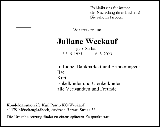 Traueranzeige von Juliane Weckauf von Rheinische Post