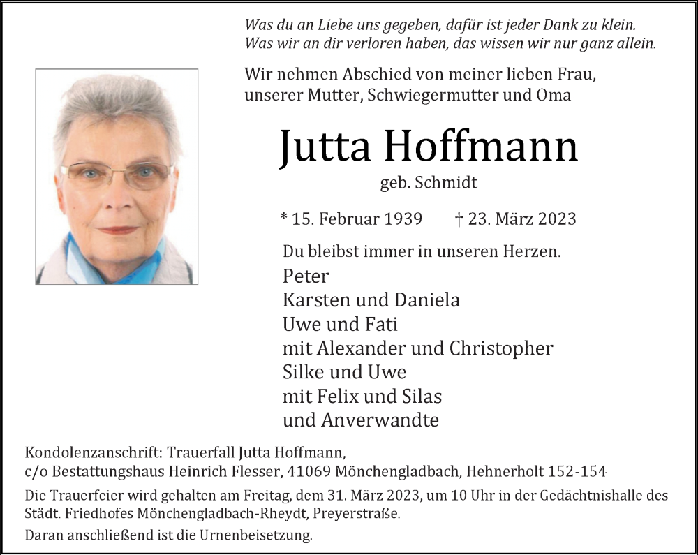  Traueranzeige für Jutta Hoffmann vom 25.03.2023 aus Rheinische Post