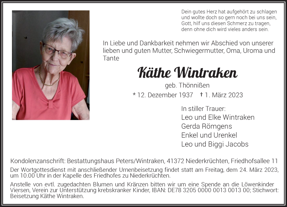  Traueranzeige für Käthe Wintraken vom 18.03.2023 aus Rheinische Post