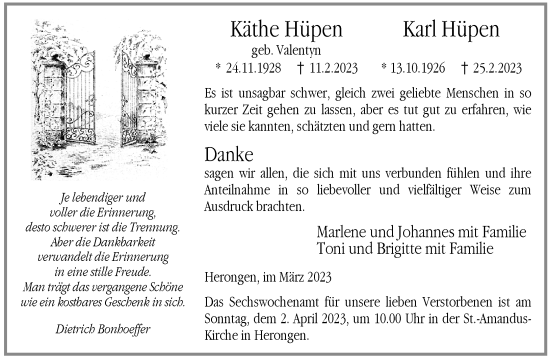 Traueranzeige von Käthe und Karl Hüpen von Rheinische Post