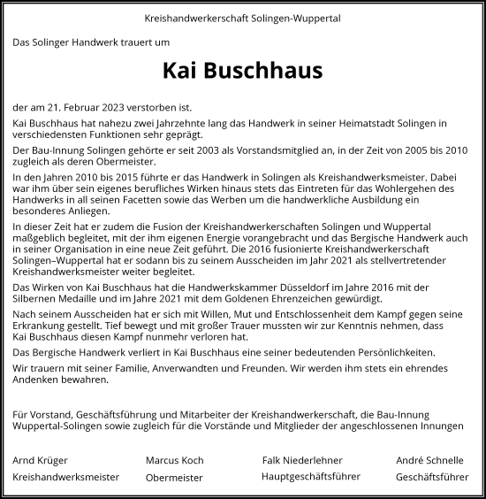 Traueranzeige von Kai Buschhaus von Rheinische Post