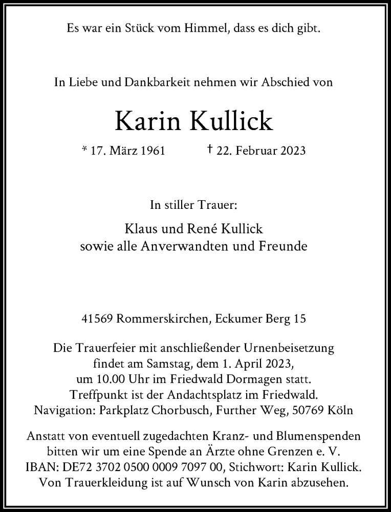  Traueranzeige für Karin Kullick vom 08.03.2023 aus Rheinische Post
