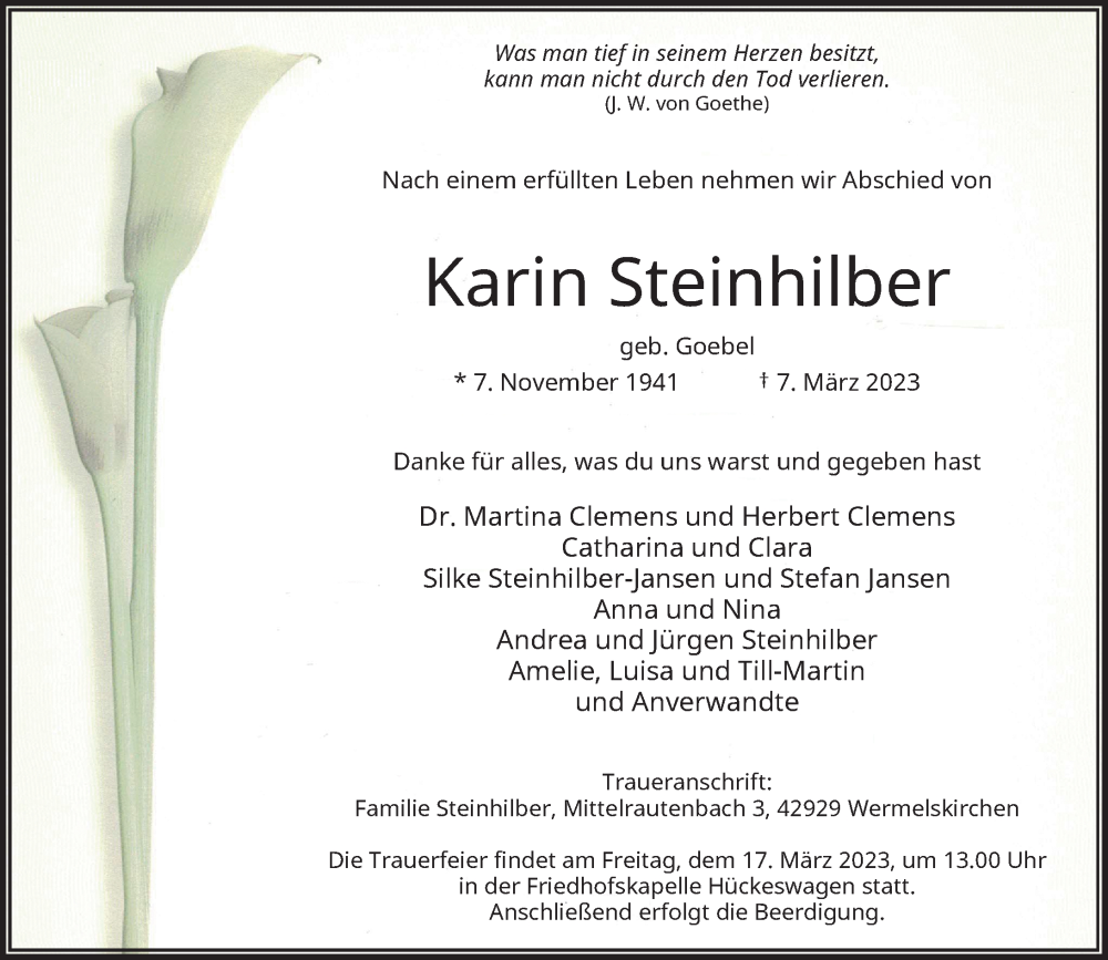 Traueranzeige für Karin Steinhilber vom 11.03.2023 aus Rheinische Post