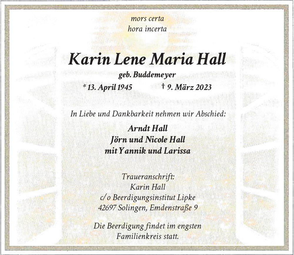  Traueranzeige für Karin Lene Maria Hall vom 25.03.2023 aus Rheinische Post