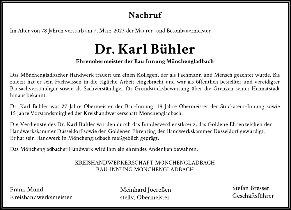  Traueranzeige für Karl Bühler vom 18.03.2023 aus Rheinische Post