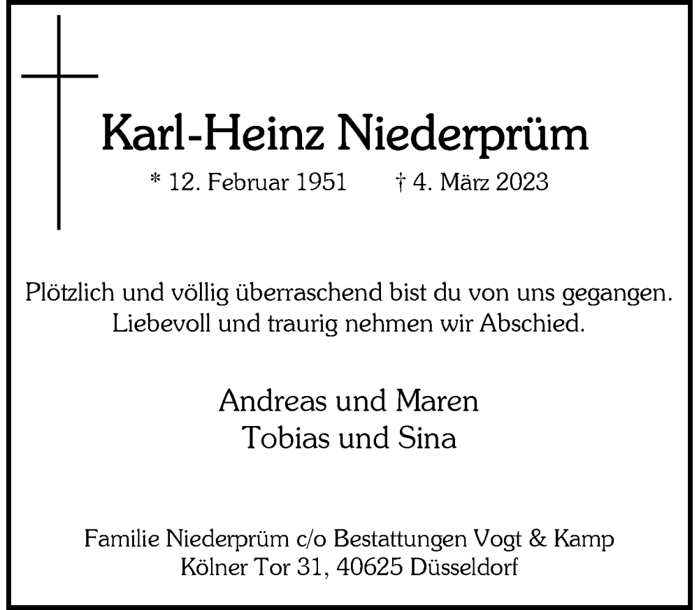  Traueranzeige für Karl-Heinz Niederprüm vom 11.03.2023 aus Rheinische Post