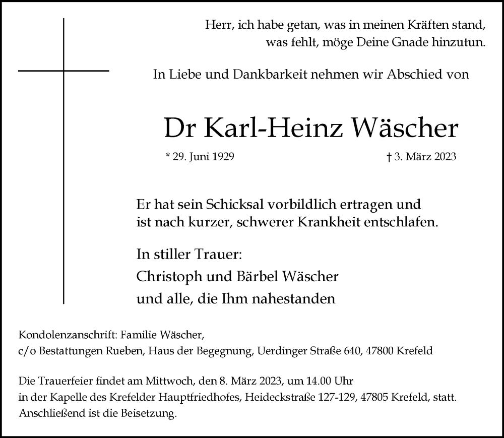  Traueranzeige für Karl-Heinz Wäscher vom 07.03.2023 aus Rheinische Post