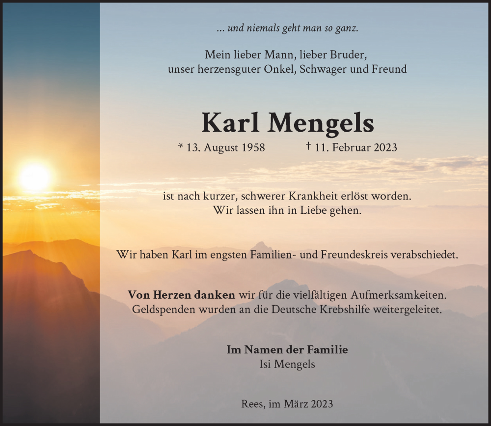  Traueranzeige für Karl Mengels vom 18.03.2023 aus Rheinische Post
