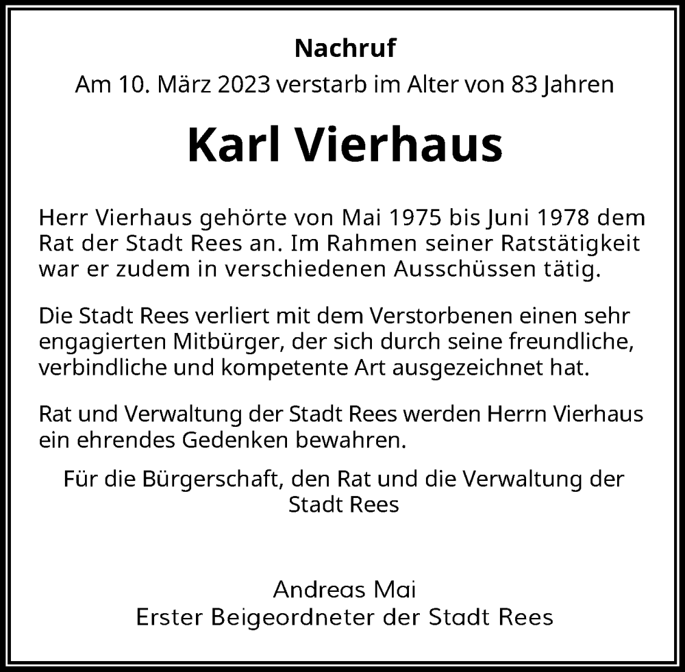  Traueranzeige für Karl Vierhaus vom 18.03.2023 aus Rheinische Post