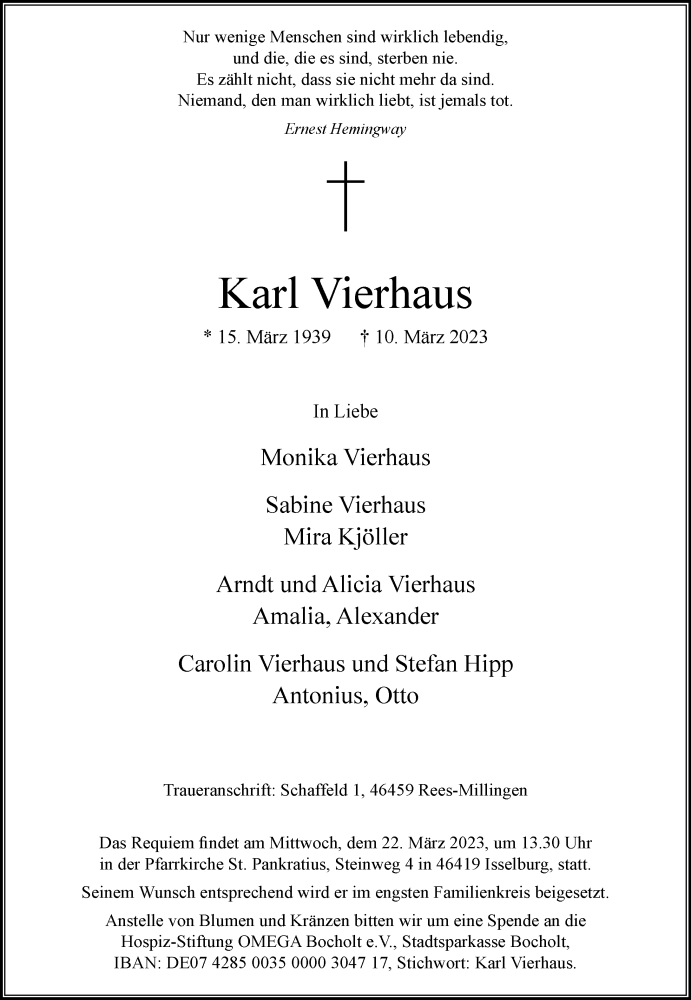  Traueranzeige für Karl Vierhaus vom 17.03.2023 aus Rheinische Post