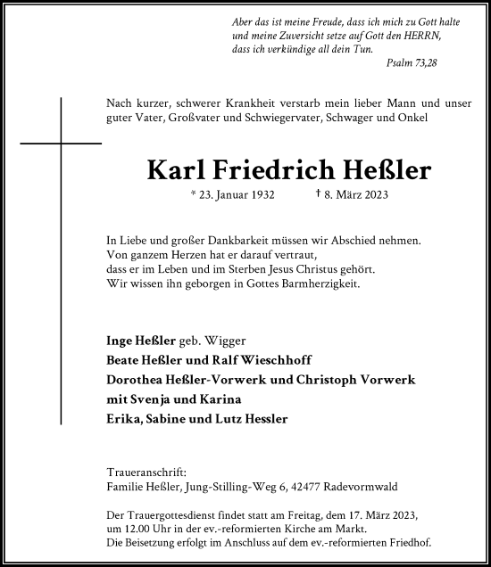 Traueranzeige von Karl Friedrich Heßler von Rheinische Post