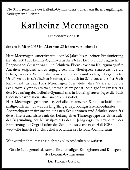 Traueranzeige von Karlheinz Meermagen von Rheinische Post
