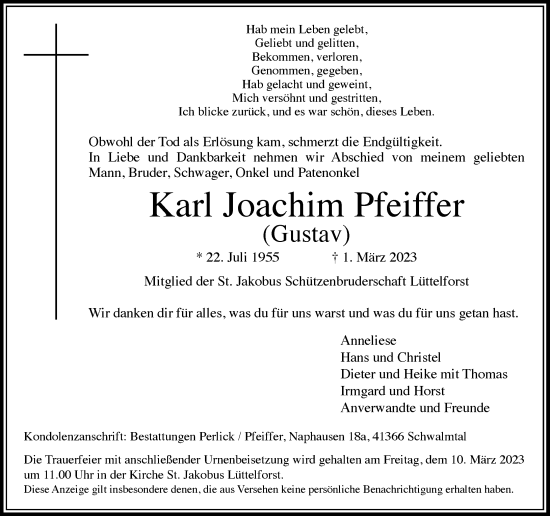 Traueranzeige von Karl Joachim Pfeiffer von Rheinische Post