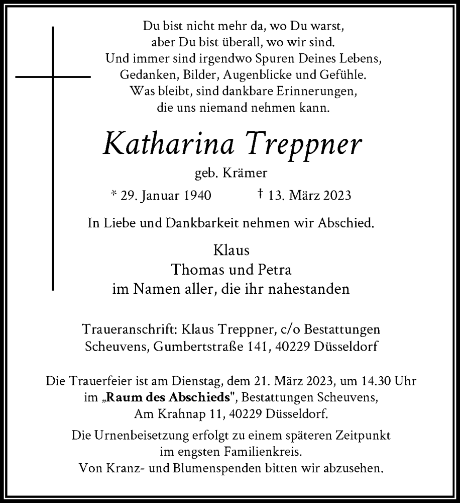  Traueranzeige für Katharina Treppner vom 18.03.2023 aus Rheinische Post