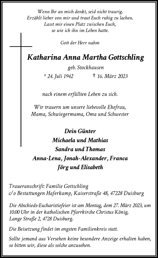  Traueranzeige für Katharina Anna Martha Gottschling vom 22.03.2023 aus Rheinische Post