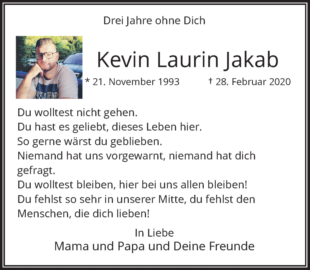  Traueranzeige für Kevin Laurin Jakab vom 04.03.2023 aus Rheinische Post