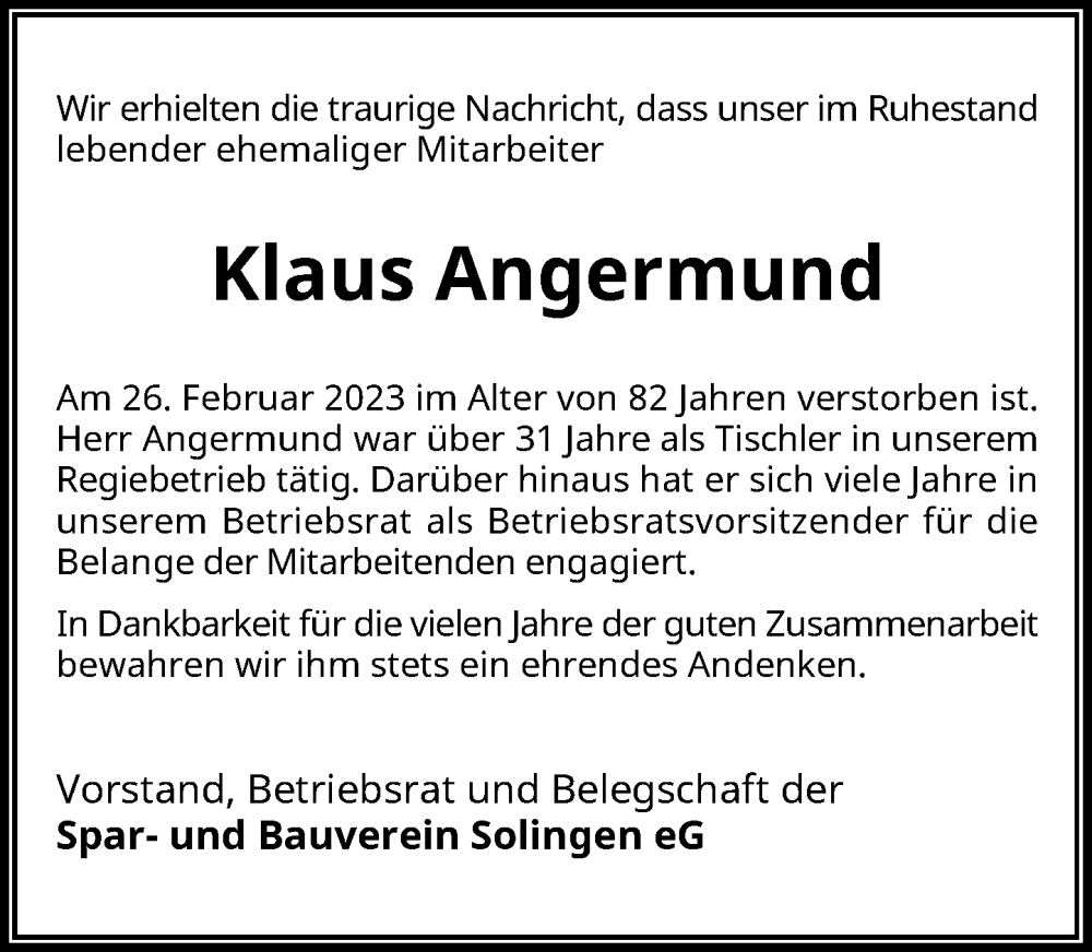  Traueranzeige für Klaus Angermund vom 11.03.2023 aus Rheinische Post