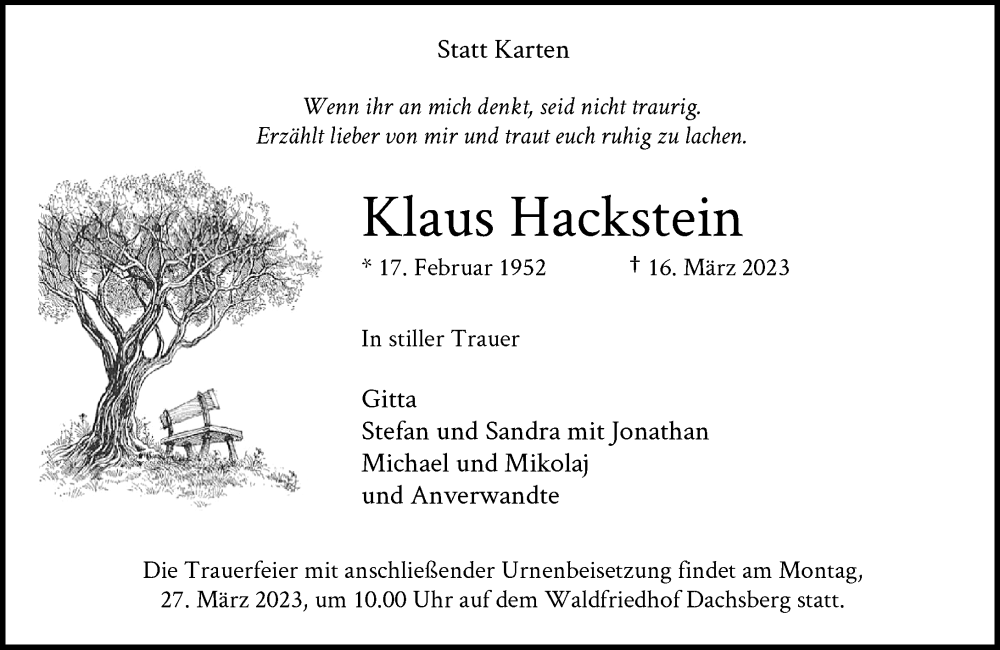  Traueranzeige für Klaus Hackstein vom 25.03.2023 aus Rheinische Post
