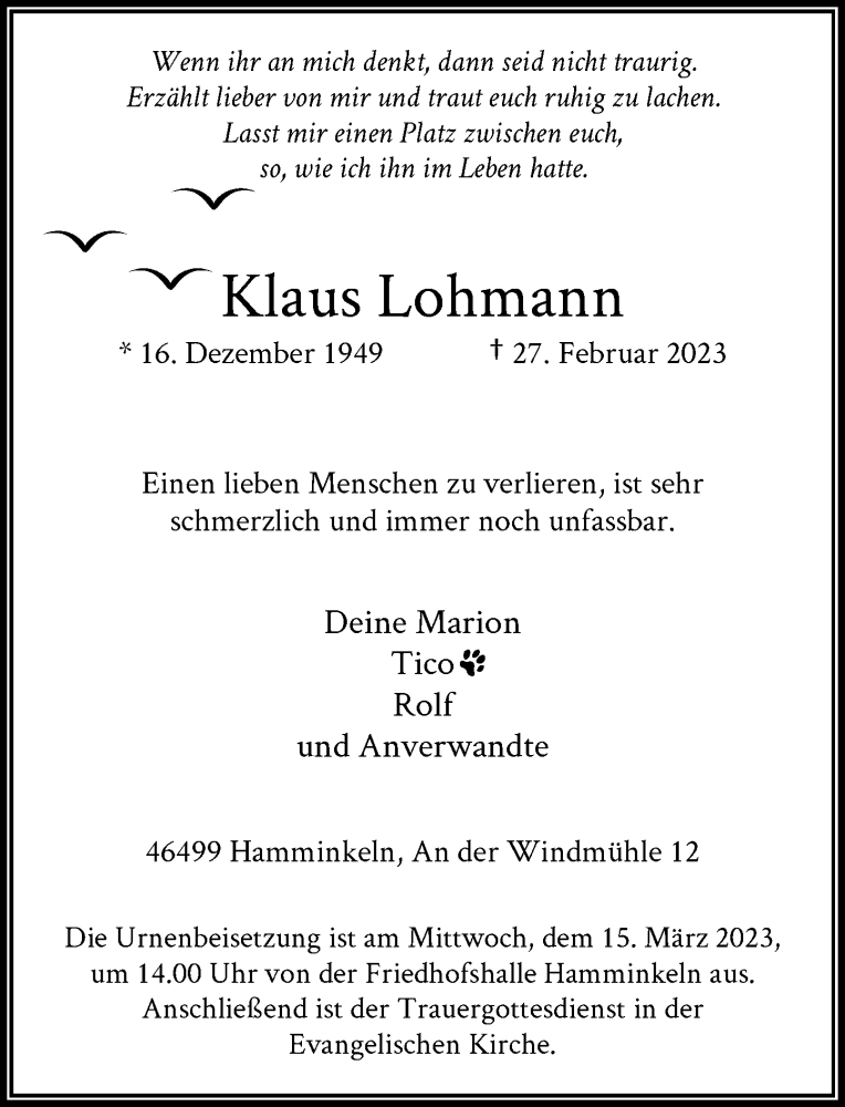  Traueranzeige für Klaus Lohmann vom 08.03.2023 aus Rheinische Post