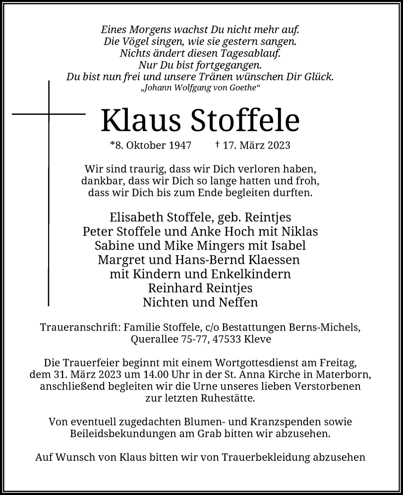  Traueranzeige für Klaus Stoffele vom 25.03.2023 aus Rheinische Post
