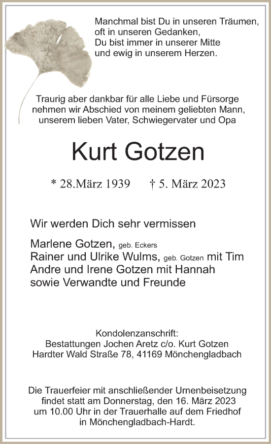 Traueranzeige von Kurt Gotzen von Rheinische Post