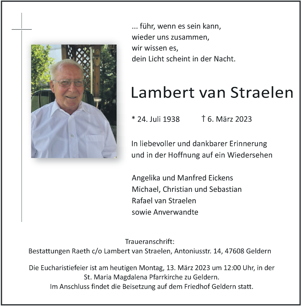  Traueranzeige für Lambert van Straelen vom 13.03.2023 aus Rheinische Post