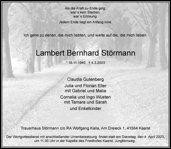 Traueranzeige von Lambert Bernhard Störmann von Rheinische Post