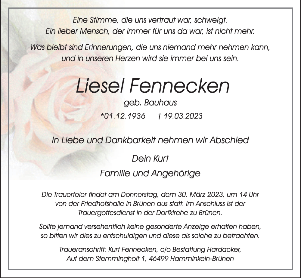  Traueranzeige für Liesel Fennecken vom 25.03.2023 aus Rheinische Post