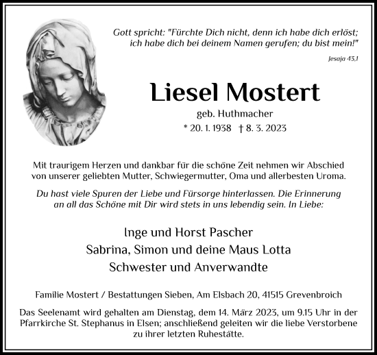 Traueranzeige von Liesel Mostert von Rheinische Post