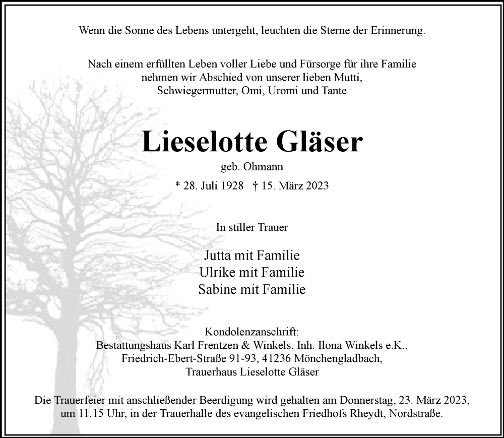  Traueranzeige für Lieselotte Gläser vom 21.03.2023 aus Rheinische Post