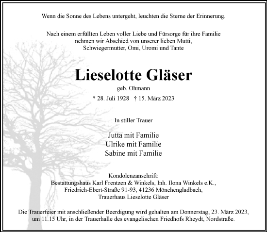Traueranzeige von Lieselotte Gläser von Rheinische Post