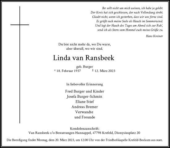 Traueranzeige von Linda van Ransbeek von Rheinische Post