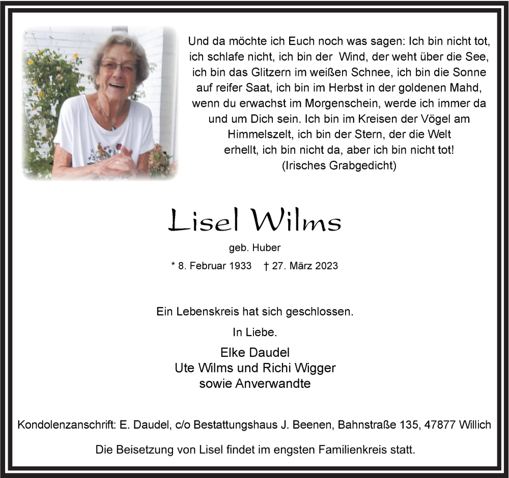  Traueranzeige für Lisel Wilms vom 01.04.2023 aus Rheinische Post