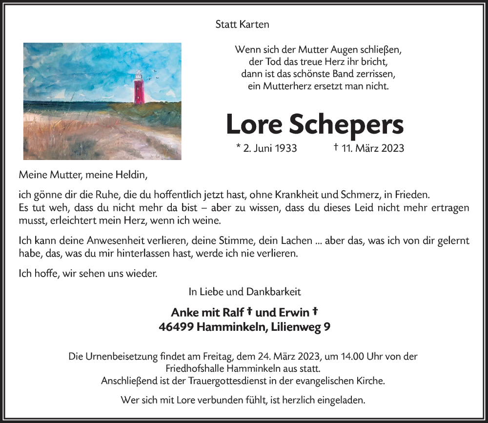  Traueranzeige für Lore Schepers vom 15.03.2023 aus Rheinische Post