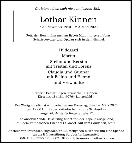 Traueranzeige von Lothar Kinnen von Rheinische Post