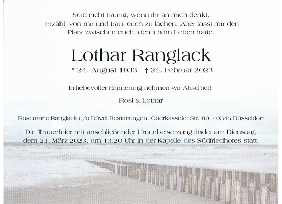 Traueranzeige von Lothar Ranglack von Rheinische Post