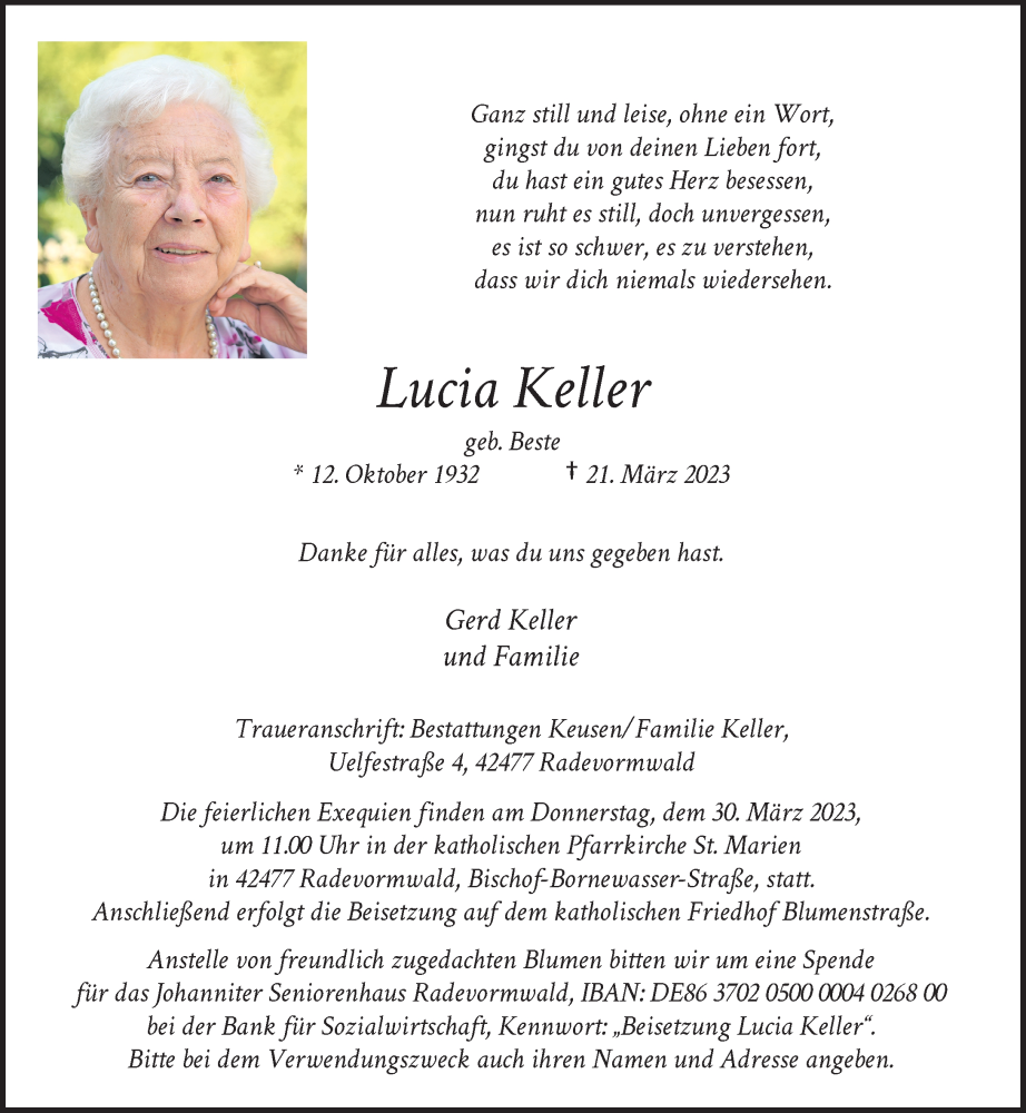 Traueranzeige für Lucia Keller vom 25.03.2023 aus Rheinische Post