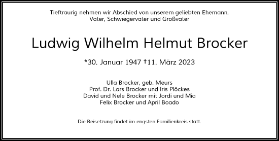 Traueranzeige von Ludwig Wilhelm Helmut Brocker von Rheinische Post