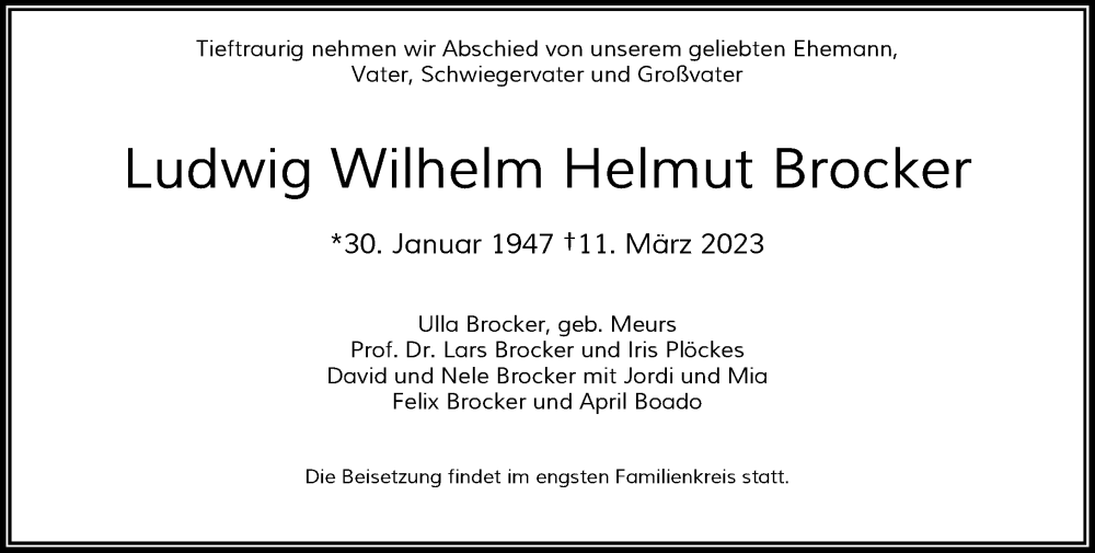  Traueranzeige für Ludwig Wilhelm Helmut Brocker vom 18.03.2023 aus Rheinische Post
