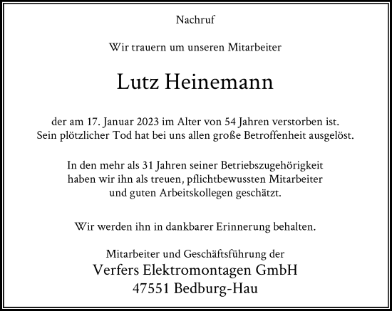 Traueranzeige von Lutz Heinemann von Rheinische Post