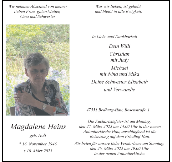 Traueranzeige von Magdalene Heins von Rheinische Post