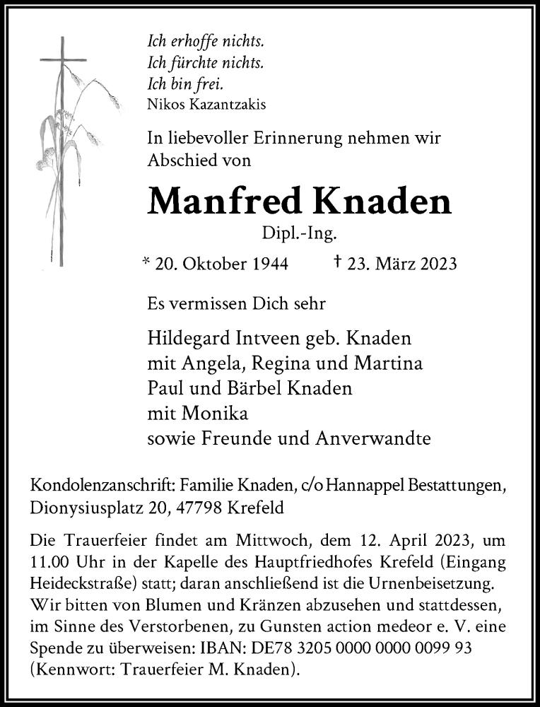  Traueranzeige für Manfred Knaden vom 08.04.2023 aus Rheinische Post