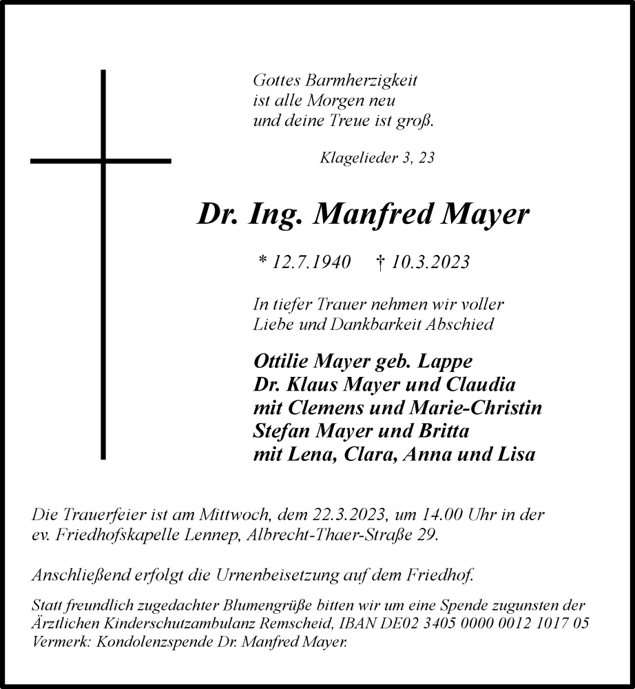  Traueranzeige für Manfred Mayer vom 18.03.2023 aus Rheinische Post