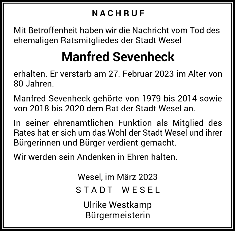  Traueranzeige für Manfred Sevenheck vom 21.03.2023 aus Rheinische Post
