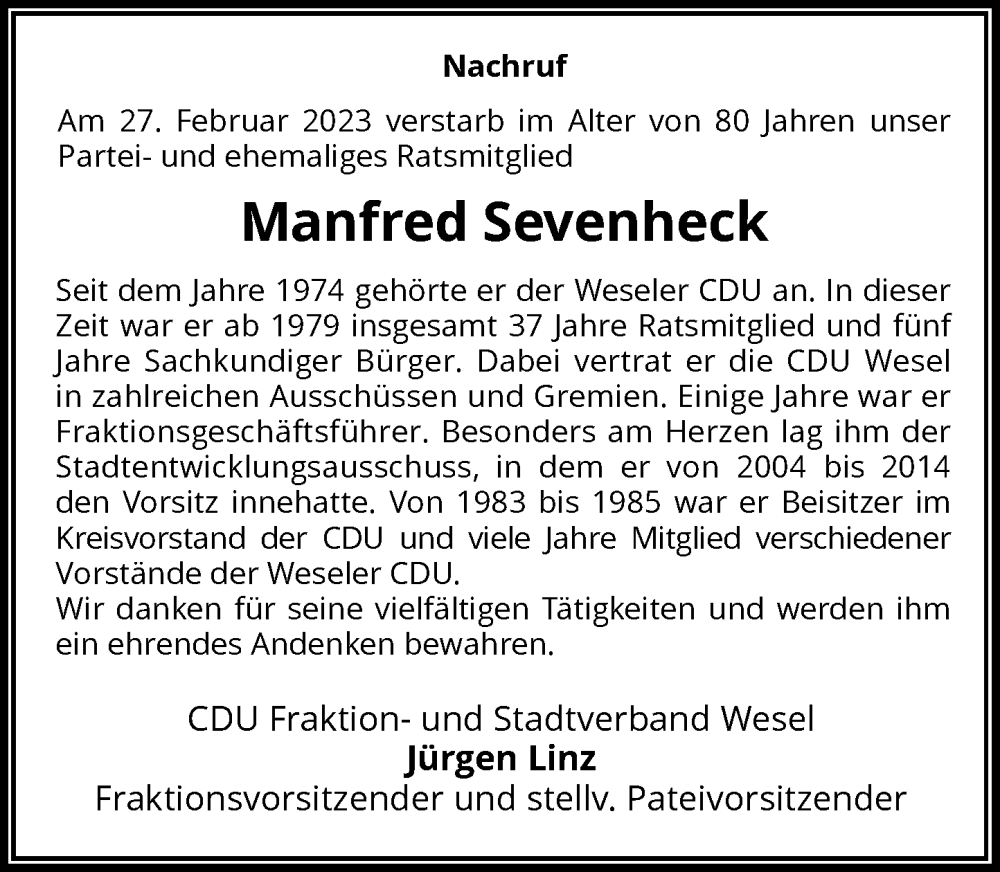  Traueranzeige für Manfred Sevenheck vom 24.03.2023 aus Rheinische Post