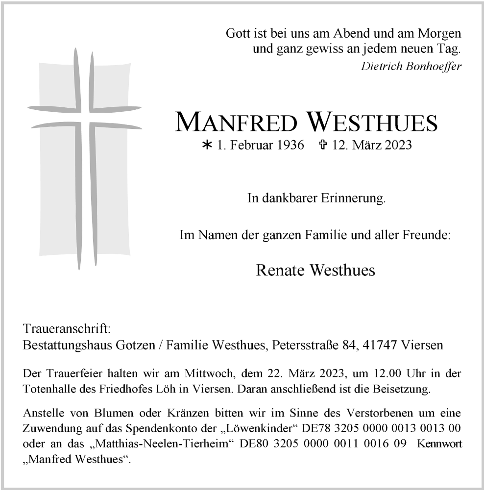  Traueranzeige für Manfred Westhues vom 18.03.2023 aus Rheinische Post
