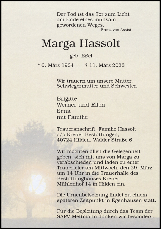 Traueranzeige von Marga Hassolt von Rheinische Post