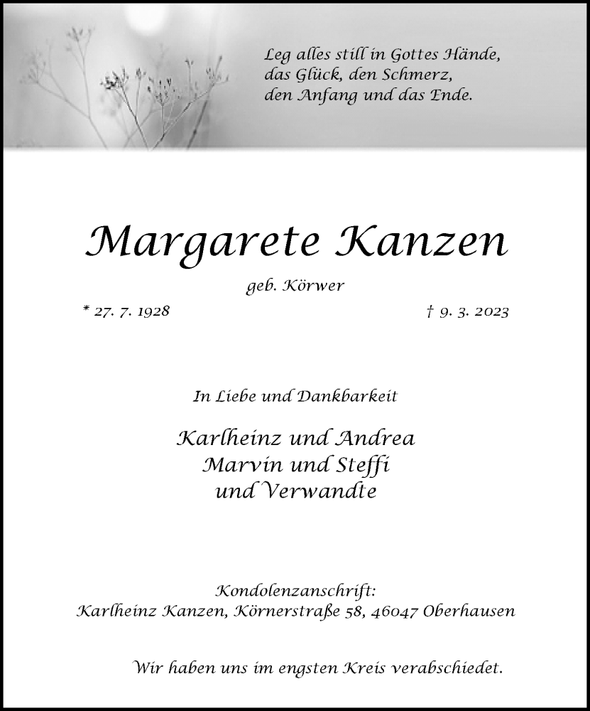  Traueranzeige für Margarete Kanzen vom 25.03.2023 aus Rheinische Post